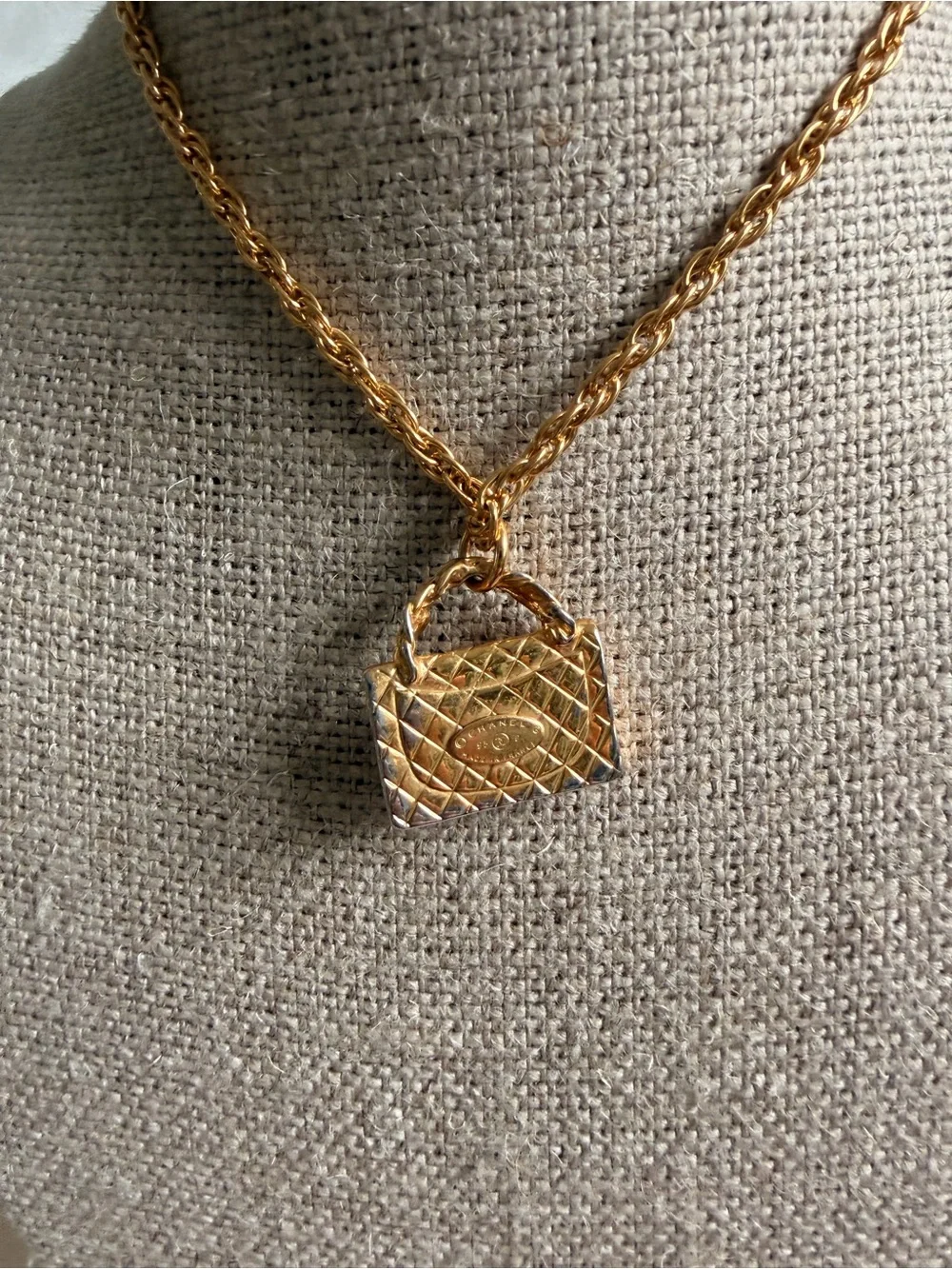 CHANEL Gold Quilted Handbag Charm Necklace